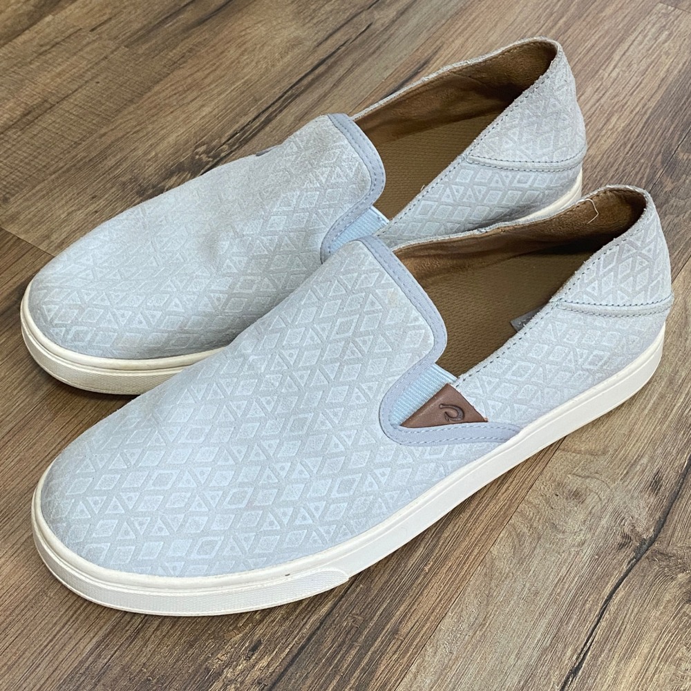 Olukai Pehuea Leather Slip On Sneakers Blue Grey Geometric Embossed Womens 9